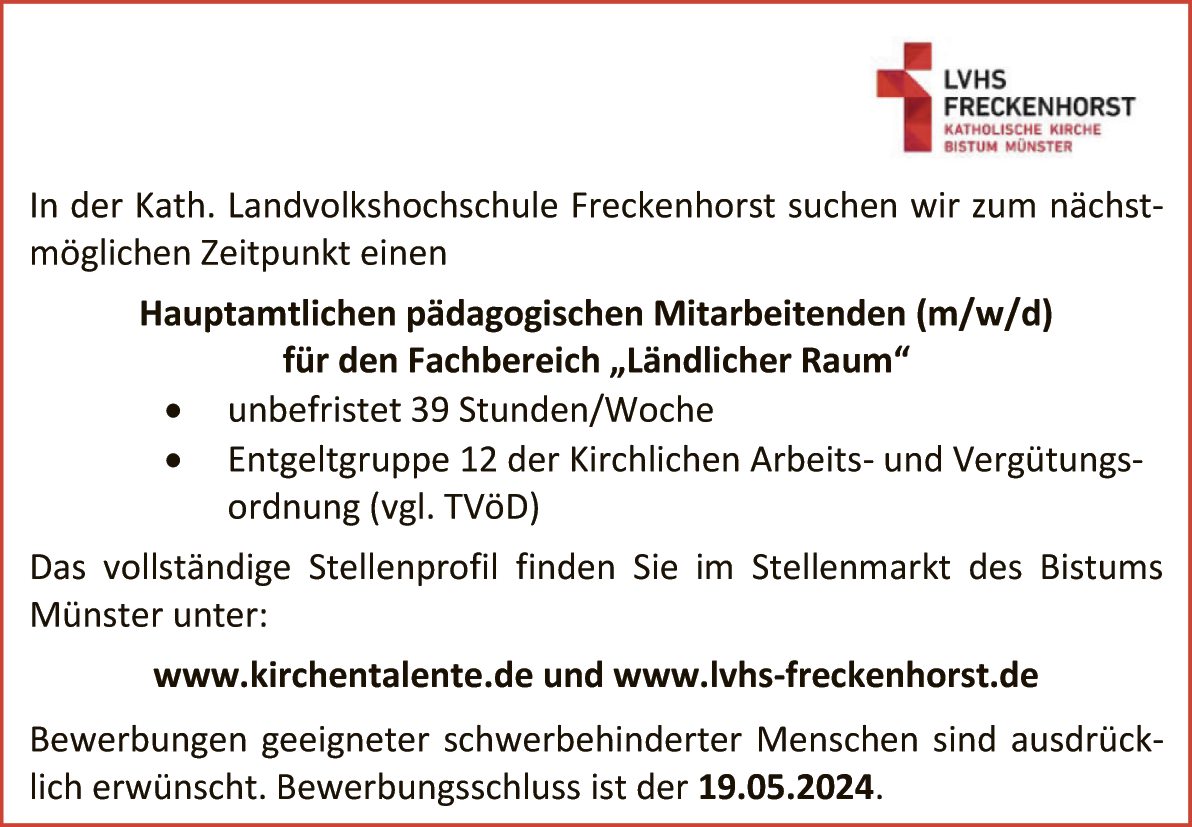 Die LVHS Freckenhorst sucht hauptamtl. päd. Mitarbeitenden (m/w/d)